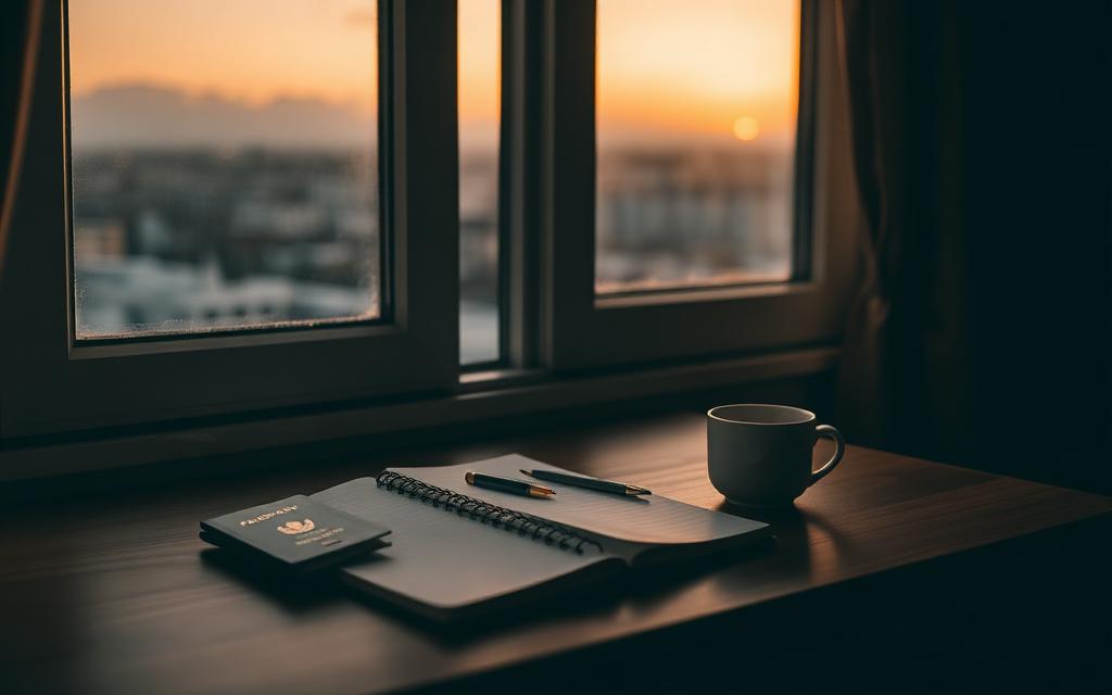 A notebook, pen and passport on a desk by a window at dusk