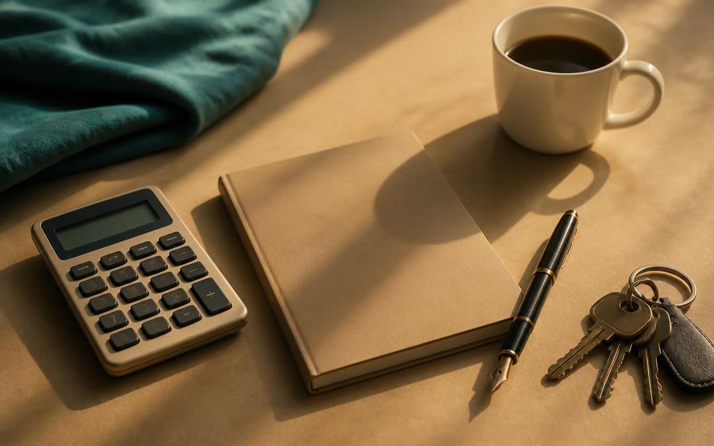 A calculator, notebook, pen, keys and a coffee cup on a warm sand desk in late light