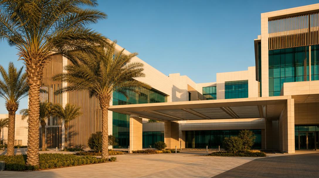 A modern Gulf hospital campus entrance with palms in warm late afternoon light