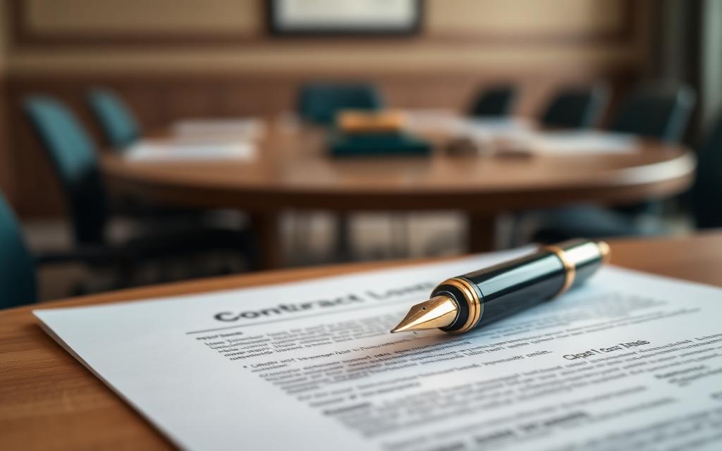 A fountain pen resting on a contract page in front of a boardroom table