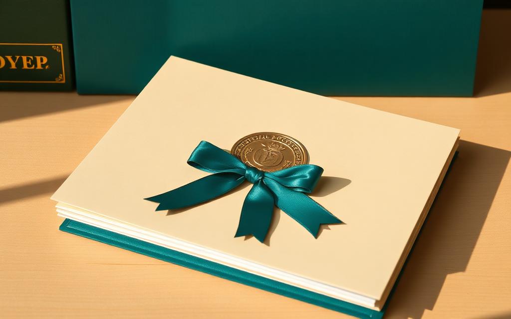 A stack of official document folders with an embossed seal and ribbon