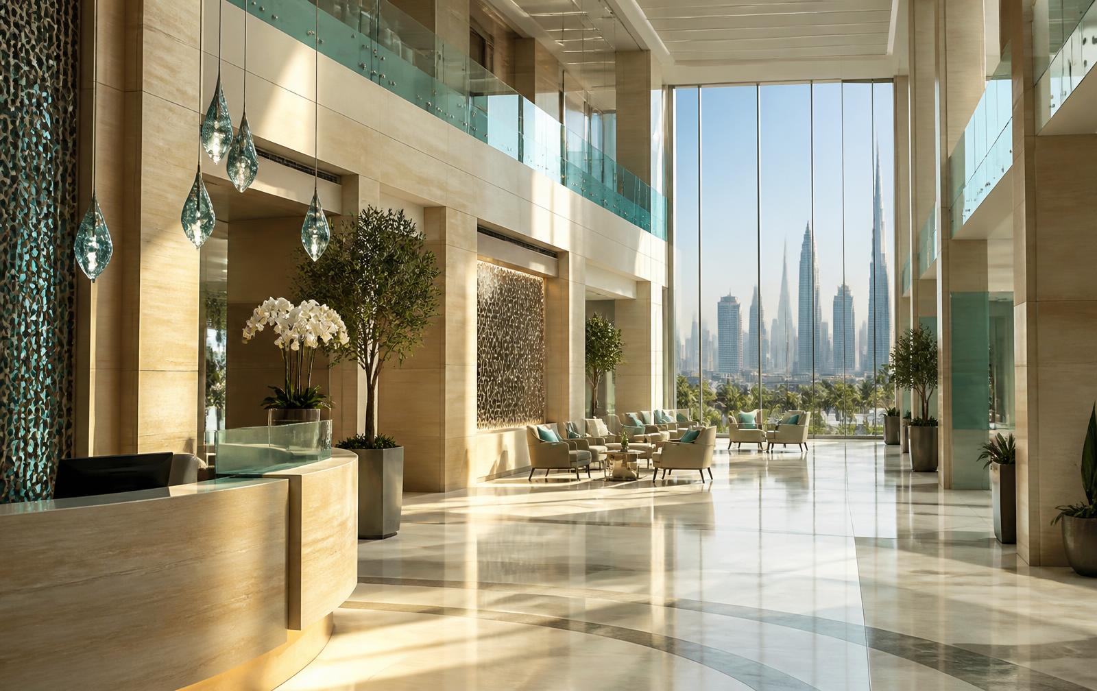 The atrium of a modern Gulf hospital, with the Dubai skyline visible through tall windows